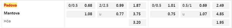 Tỷ lệ kèo Padova vs Mantova