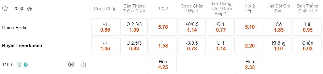 Tỷ lệ kèo Union Berlin vs Leverkusen